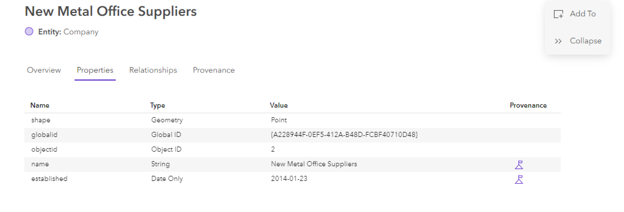 Properties tab of an entity data card Properties tab of an entity data card